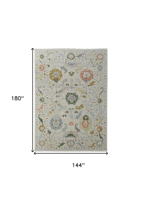 12' x 15' Wool Floral Hand Knotted Area Rug With Fringe - Gray Ivory And Gold