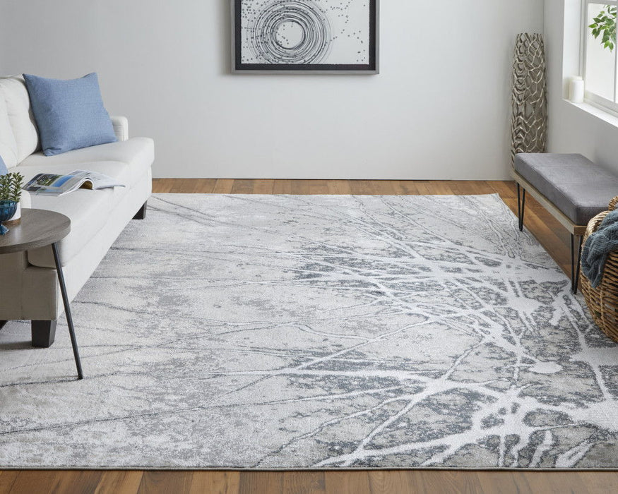 8' x 10' Abstract Power Loom Area Rug - Gray Silver And Ivory