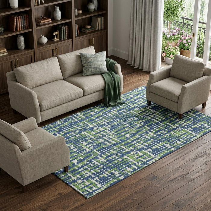10' X 14' Abstract Geometric Washable Area Rug With UV Protection (683063) - Navy Blue / Ivory / Green