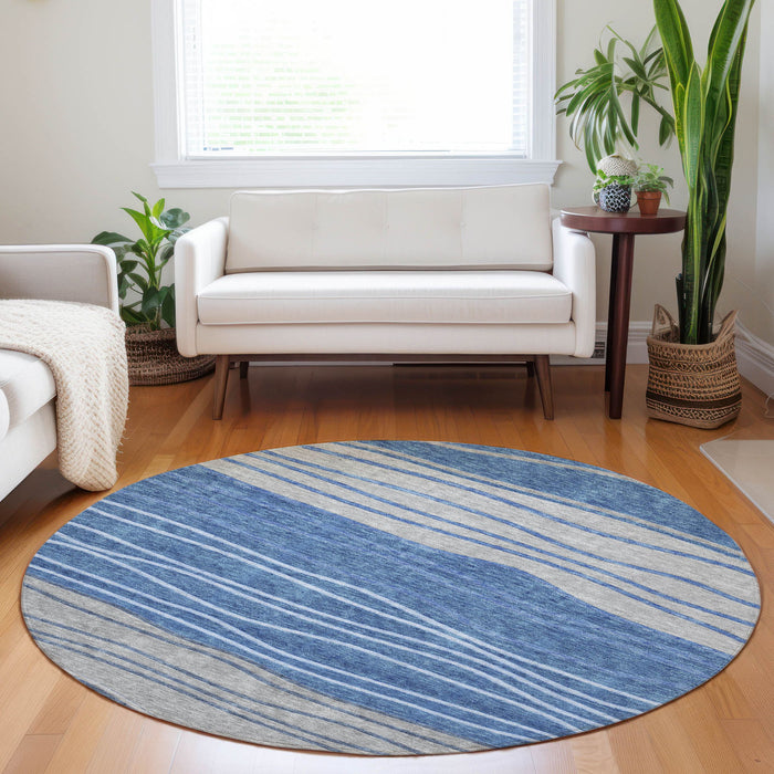 8' Striped Washable Round Rug With UV Protection - Blue / Gray