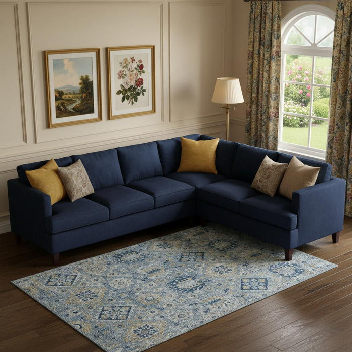10' X 14' Oriental Washable Area Rug With UV Protection (710526) - Denim Blue / Gold