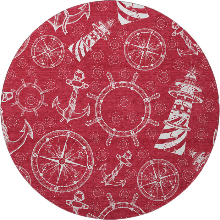 8' Nautical Washable Round Rug With UV Protection - Red And Ivory