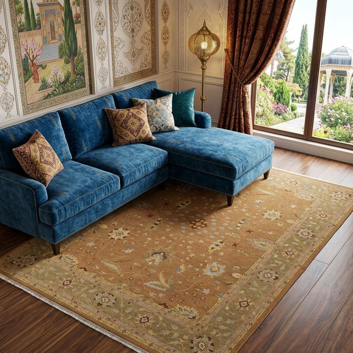 9' X 13' Wool Oriental Hand Woven Area Rug With Fringe (744441) - Gold / Green / Red