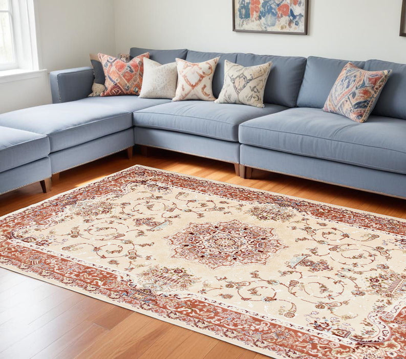 10' x 13' Oriental Washable Non Skid Area Rug - Red And Ivory