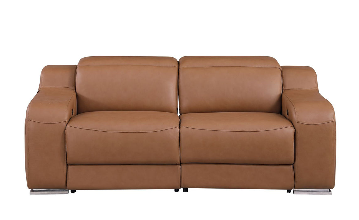 Italian Leather Power Reclining Loveseat With Storage (633752) - Cognac / Silver