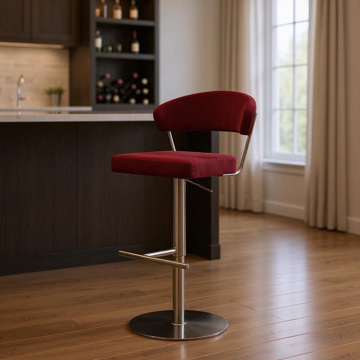 Velvet Low Back Adjustable Height Swivel Bar Chair - Red / Rose / Gold
