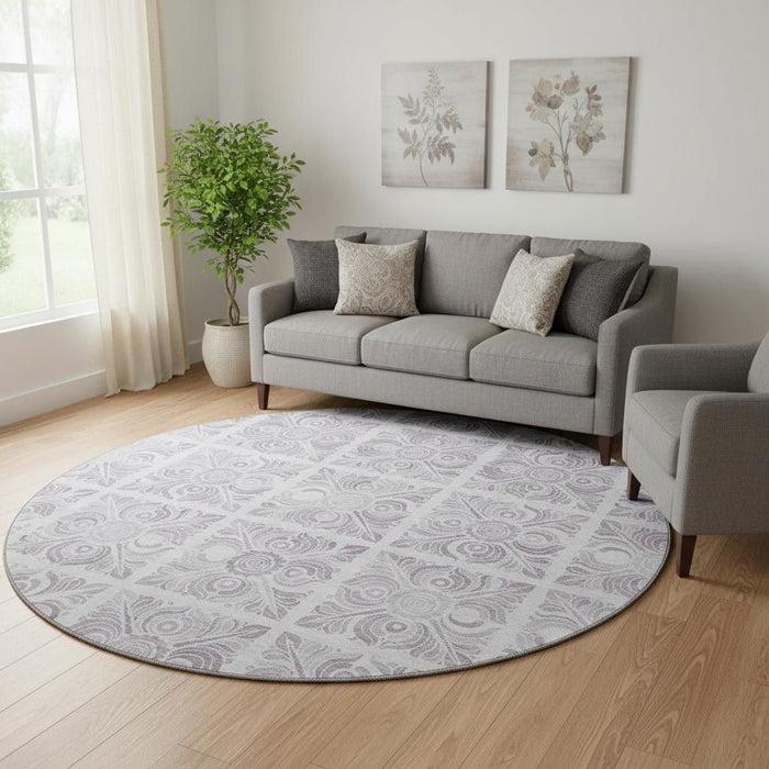 8' Medallion Washable Round Rug With UV Protection (667780) - Lavender / Ivory