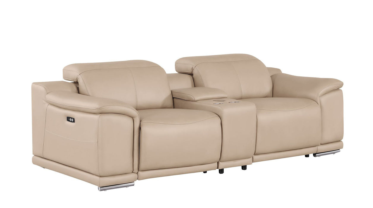 Leather Power Reclining Loveseat (643823) - Beige / Silver