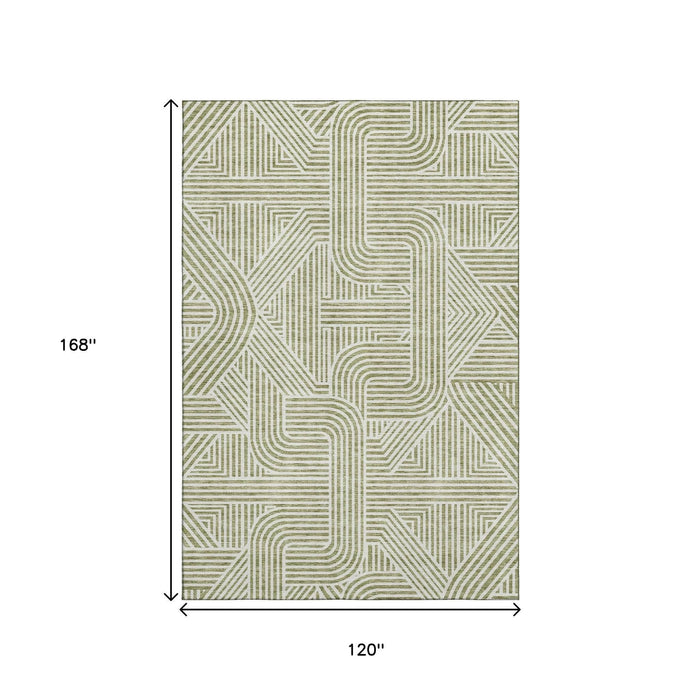 10' X 14' Abstract Geometric Washable Area Rug With UV Protection (672875) - Artichoke Green / Ivory