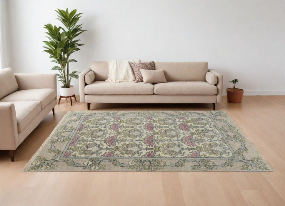 9' x 13' Wool Floral Hand Knotted Area Rug - Ivory Gray And Pink