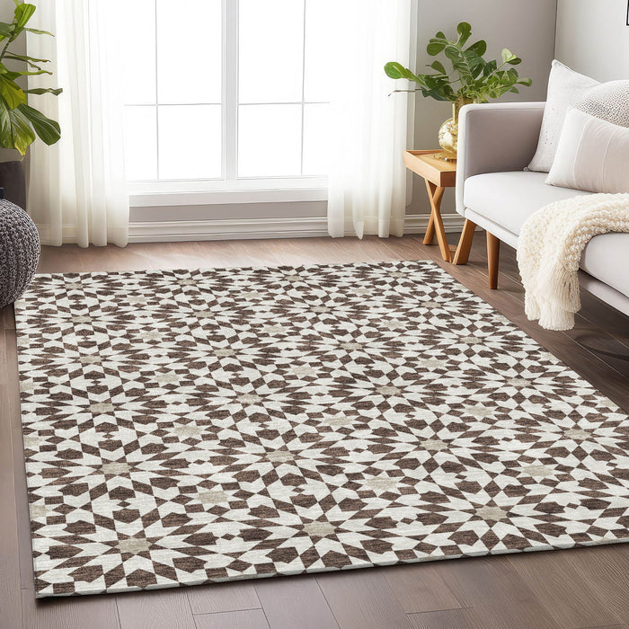 10' X 14' Geometric Washable Area Rug With UV Protection - Brown And Ivory