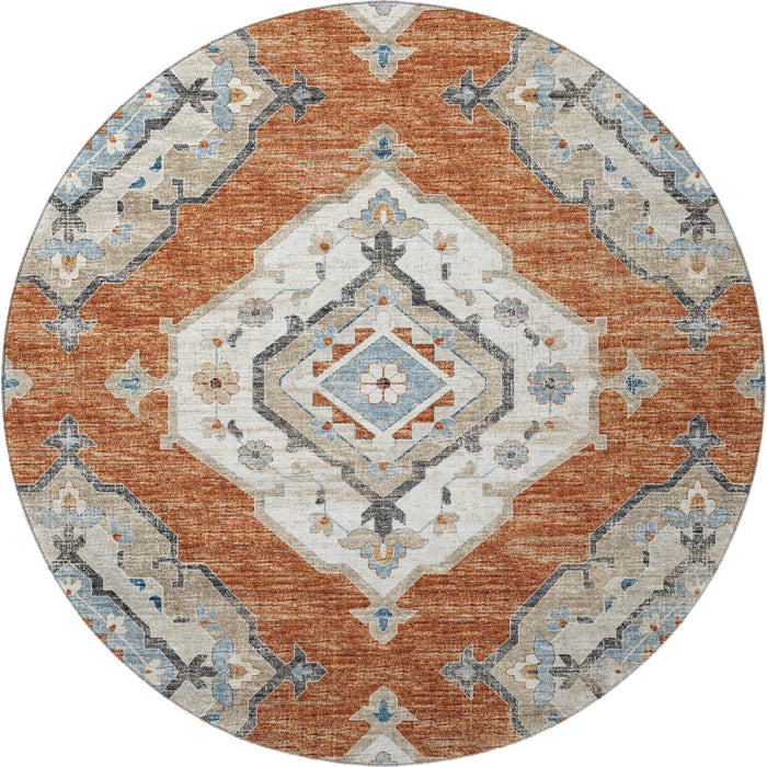 8' Tribal Distressed Washable Round Rug With UV Protection (644183) - Terra Cotta / Ivory / Blue