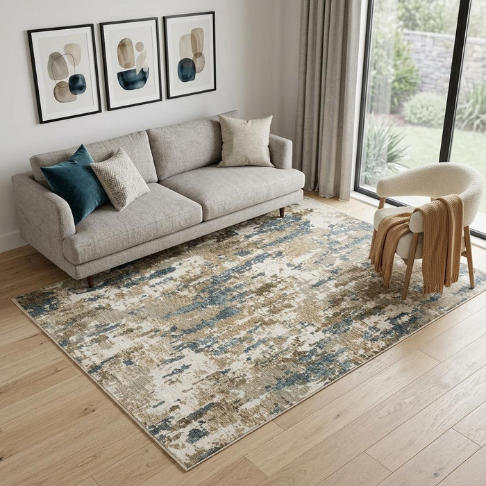5' X 8' Abstract Area Rug With Fringe (575155) - Beige / Ivory / Teal