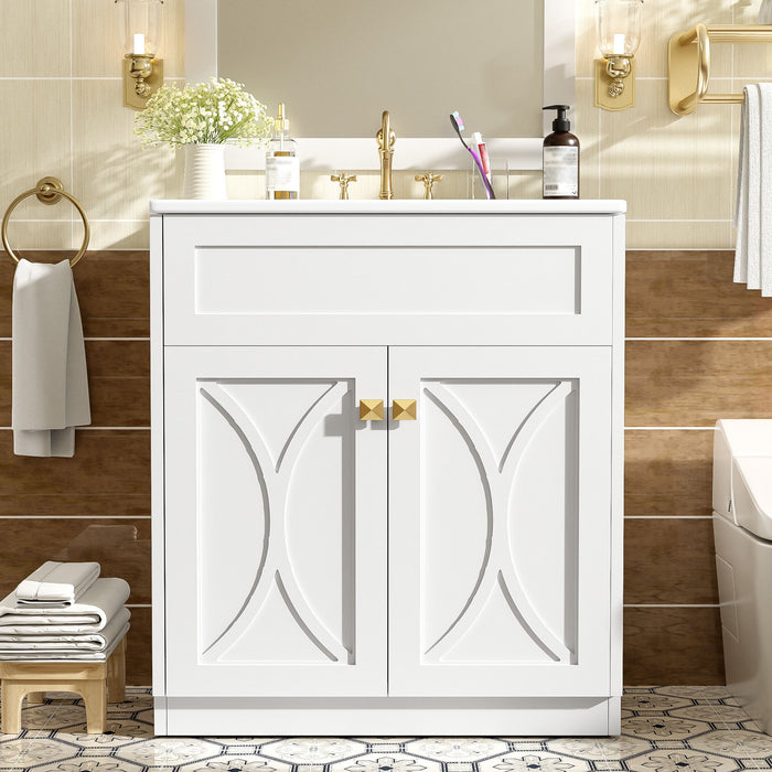 Giga bathroom vanity with sink, freestanding storage cabinet, soft closing doors, and handles in a modern design