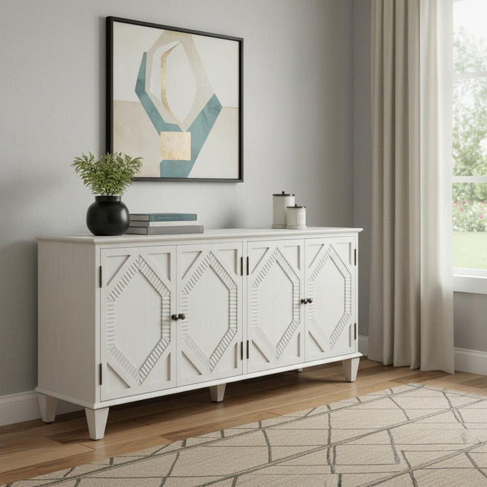 Wood Carved Geometric Accent Cabinet With Four Doors - White