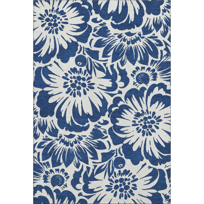 10' X 14' Floral Washable Area Rug With UV Protection (648670) - Navy Blue / Ivory