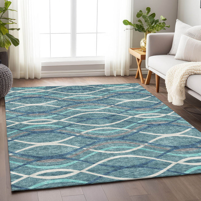 9' X 12' Transitional Abstract Washable Area Rug With UV Protection - Teal