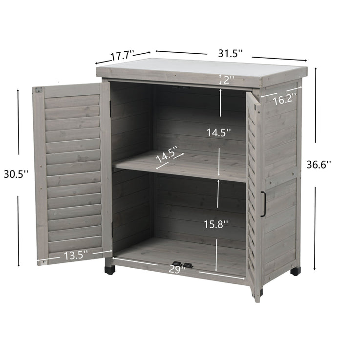 Giga potting bench with storage cabinet and metal tabletop, outdoor gardening work table with organized storage and durable surface.
