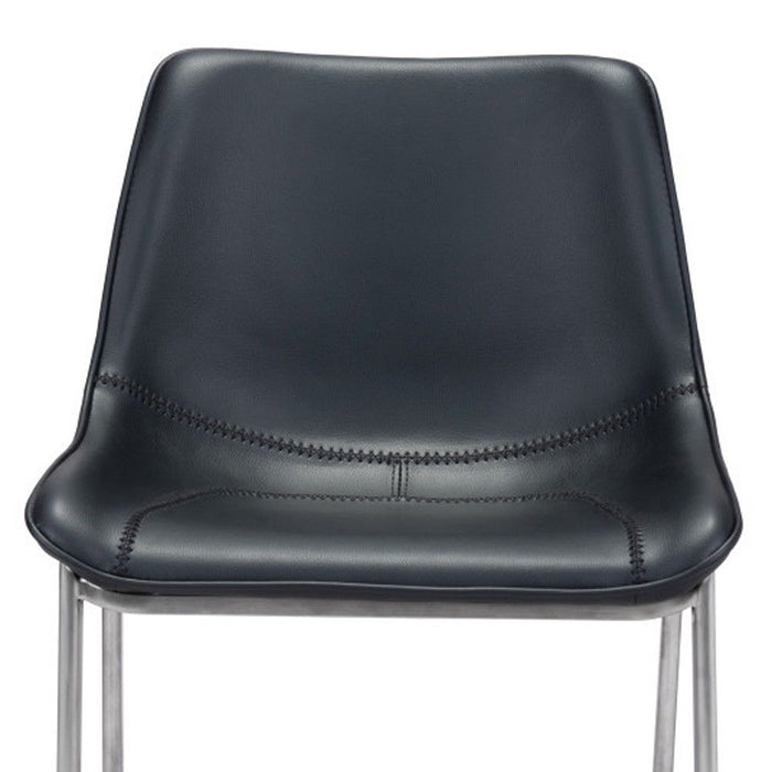 Set of two black and silver steel counter height bar chairs with low back design, featuring modern style and sturdy construction.