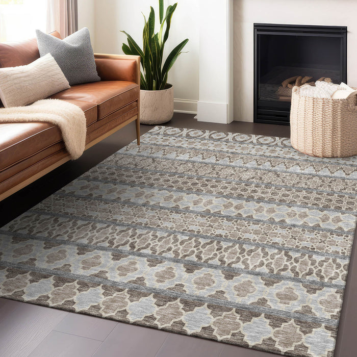 9' X 12' Ikat Washable Area Rug With UV Protection - Taupe