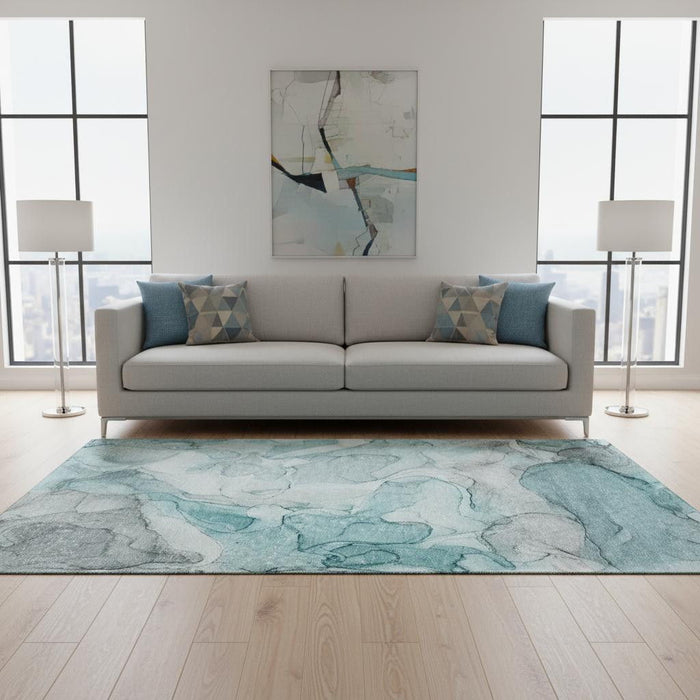 5' X 8' Abstract Washable Area Rug With UV Protection (647010) - Teal / Ivory