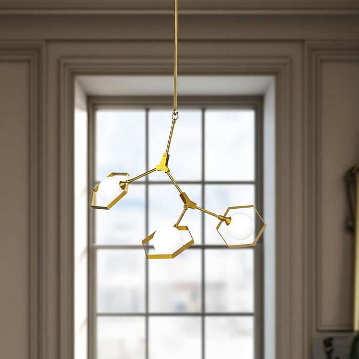 Unique Statement Three Light Metal And Glass Dimmable Chandelier With White Shades - Brass / White