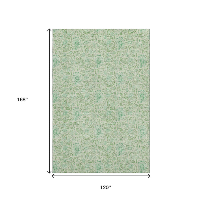 10' X 14' Floral Washable Area Rug With UV Protection (655006) - Sage / Ivory