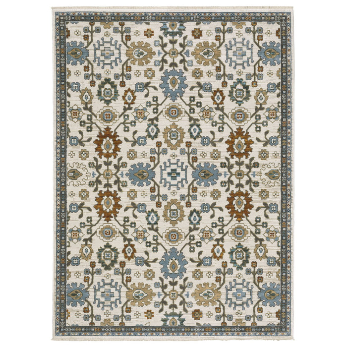 8' X 11' Floral Area Rug With Fringe (575090) - Ivory / Blue / Brown