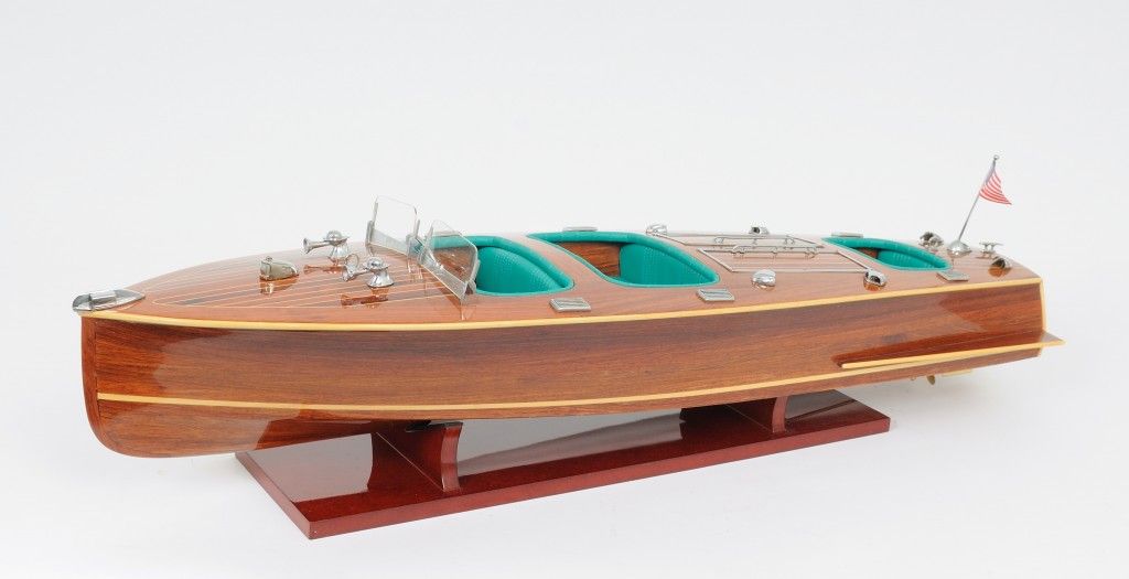 Hand Painted c1928 Chris Craft Triple Cockpit Large Model Boat - Brown