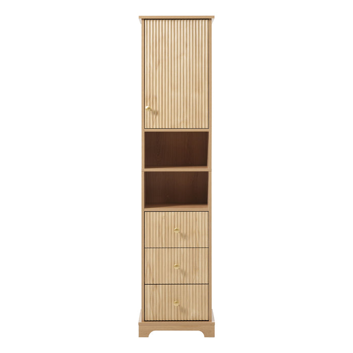 Giga tall wood linen cabinet with one door, three drawers, and open storage space for bathroom organization.