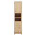 Giga tall wood linen cabinet with one door, three drawers, and open storage space for bathroom organization.