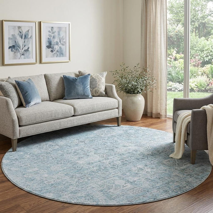 8' Floral Washable Round Rug With UV Protection (651205) - Sky Blue / Ivory