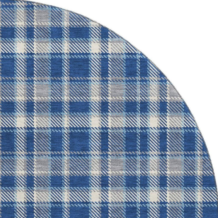 8' Plaid Washable Round Rug With UV Protection (649447) - Navy Blue / Ivory