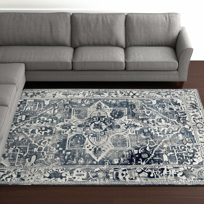 9' X 13' Tribal Washable Area Rug With UV Protection (610043) - Blue / Beige