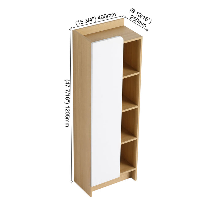 Giga tall freestanding bathroom linen cabinet with single door and four open shelves in black, light oak, and white finishes.
