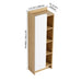 Giga tall freestanding bathroom linen cabinet with single door and four open shelves in black, light oak, and white finishes.