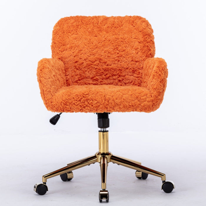 Giga swivel office chair with artificial rabbit hair upholstery, metal base, adjustable height, and caster wheels for home or vanity use.