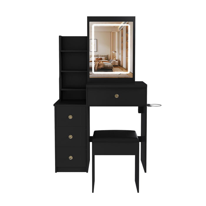 Black Giga vanity desk with 3 LED lighting modes, 4 drawers, open shelves, hair dryer holder, power socket, and matching chair.