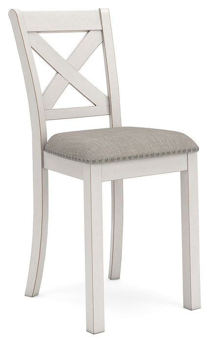 Set of two Robbinsdale upholstered barstools by Signature Design Ashley in antique white fabric with wooden legs.