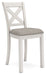 Set of two Robbinsdale upholstered barstools by Signature Design Ashley in antique white fabric with wooden legs.