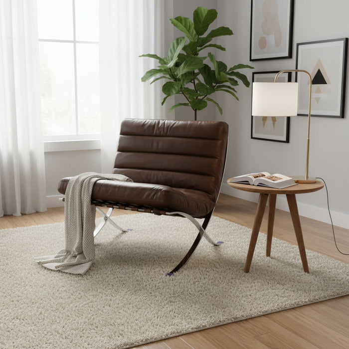Tufted Leather Upholstered Folding Lounge Chair - Brown / Silver