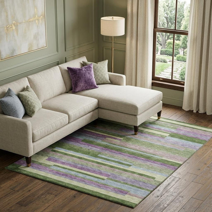 10' X 14' Striped Washable Area Rug With UV Protection (675768) - Artichoke Green / Purple / Blue