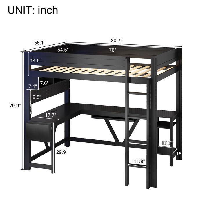 Giga gaming loft bed with integrated desk, storage shelves, LED lighting, and charging station for efficient space use.