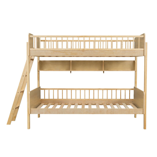 Giga bunk bed with three storage shelves and adjustable ladder, shown with left side access and modern wood finish.