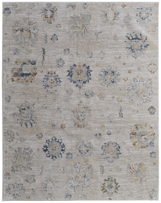 7.8' x 10.3' Floral Power Loom Worn Faded Area Rug With Fringe - Ivory Taupe And Blue