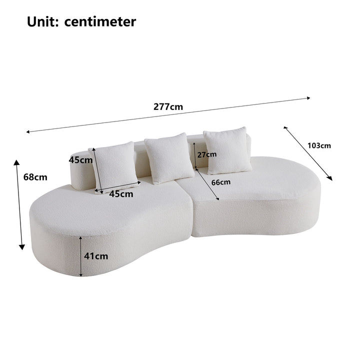 White Giga curved boneless half moon sofa with five seats, high-density foam-filled stationary sofa for living room comfort.