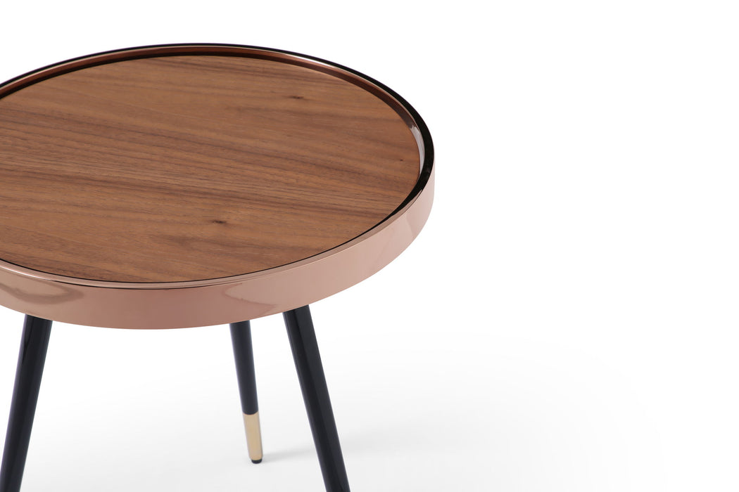 Wood Stainless Steel Round End Table (719955) - Walnut / Black / Rose