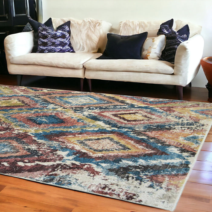8' x 10' Geometric Distressed Area Rug With Fringe - Blue