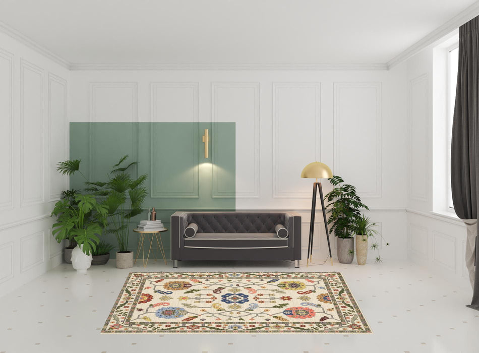 6' x 9' Oriental Power Loom Stain Resistant Area Rug With Fringe - Ivory Green Blues Pink Yellow Rust Brown Tan And Gray