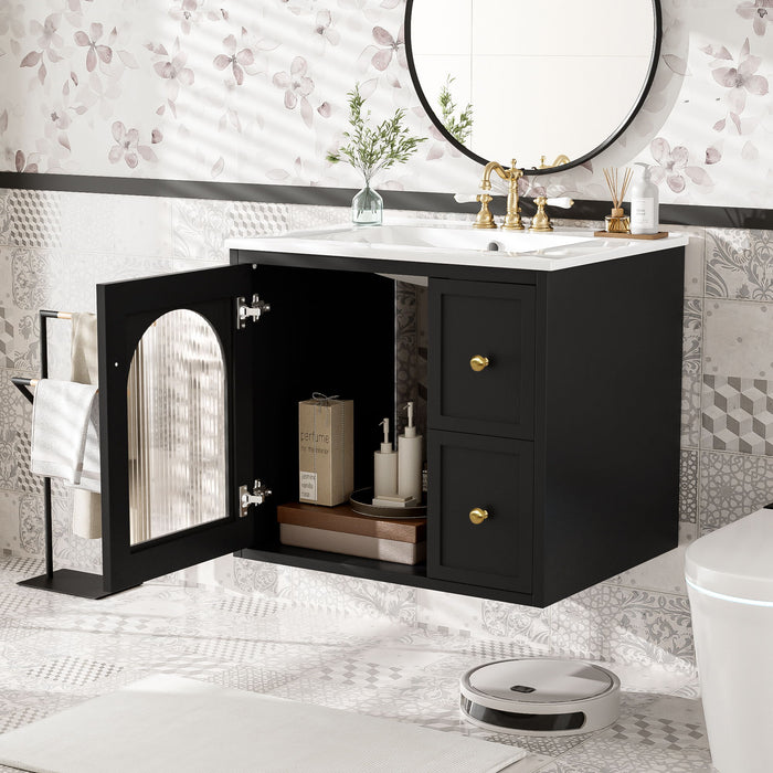 Giga wall-mounted bathroom vanity set with sink, two drawers, and soft-close door, modern design for contemporary bathrooms